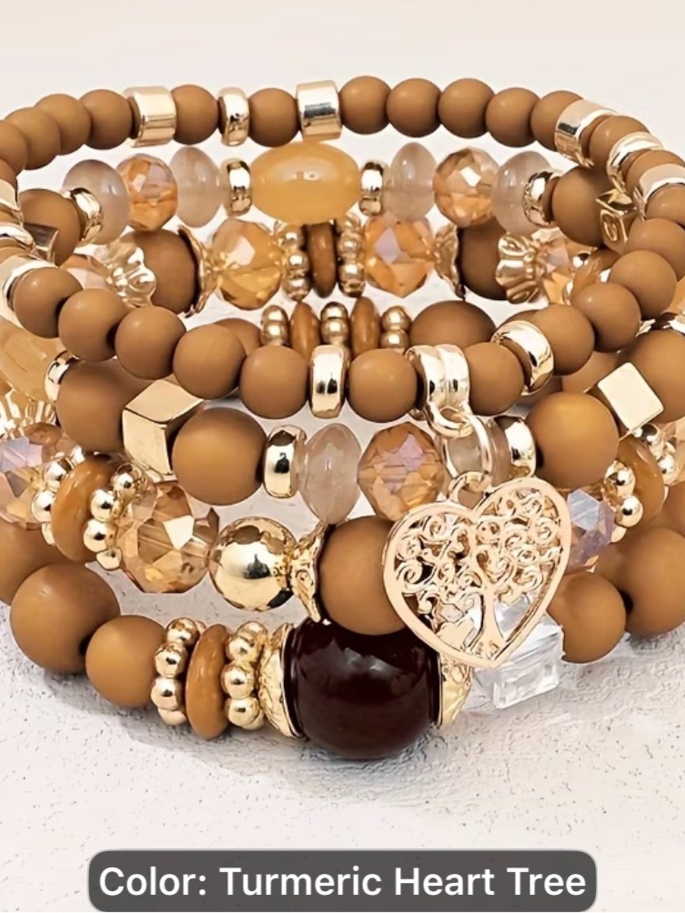 4 pcs Turmeric Beaded Heart Tree Bracelet Stack - Women Jewelry